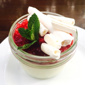 Panna Cota de vainilla con frutos rojos y merengue
