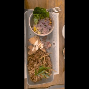 trio marino, ceviche chicharrón de pescado chaufa