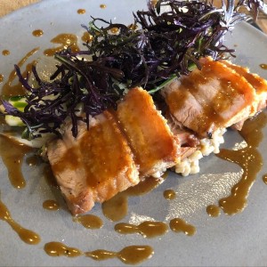 cerdo con cebada perlada y ensalada