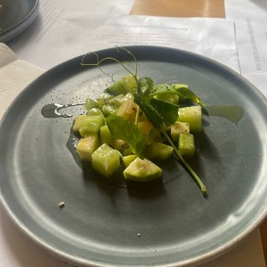 Pepino y sandia , aguacate Hass, mostarda de sandia y marinada asada de mezcal 