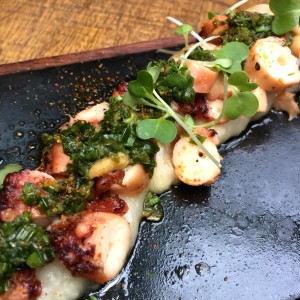 Pulpo a la parilla con chimichurri y pure de yuca