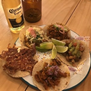 tacos. cochinita pibil, costra de queso, pollo y carnitas