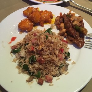 pollo a la miel y ajonjoli, lomito con vegetales y arroz cantones, buenisimo.