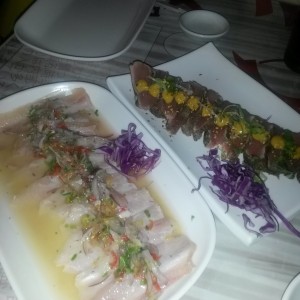 Tiradito de pescado Blanco y Atun Abarzado