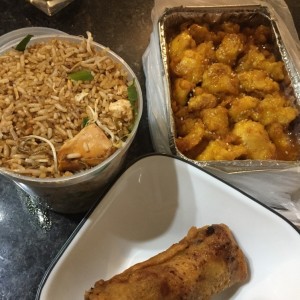 arroz, pollo a la miel, lumpia