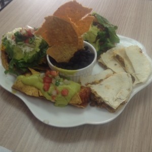 plato mixto: quesadilla, sincronizadas, tostadas y frijoles