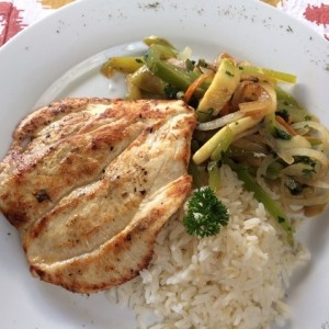 Pollo a la plancha, arroz y vegetales