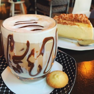 Mocha Iced Coffee + Caramel Cinnamon Cheesecake