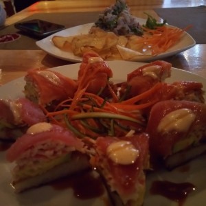 Sushi pizza, ceviche