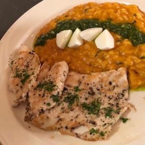 Milanesa de pollo a la plancha en especies con rissotto a la napoletana