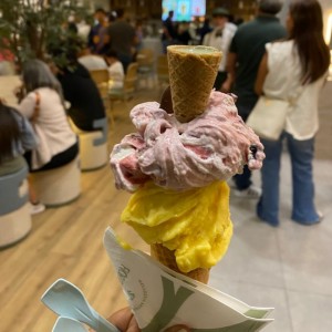 barquilla dos sabores de yogurt de amarena y parchita con topping de pistacho. 