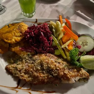 Fliet de Dorado al Ajillo con vegetales y tostones