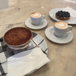 Tiramisú + café marrón + tartaleta de arándanos