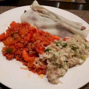 arroz crujiente con crepes de pato laqueado