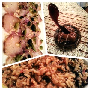 Carpaccio de Lau Lau, Risotto de tomates secos y mouse de chocolate