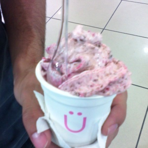 Helado de yogurt, granola y moras.