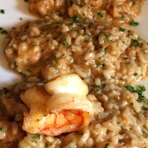 Risotto de langostinos con aceite de trufas