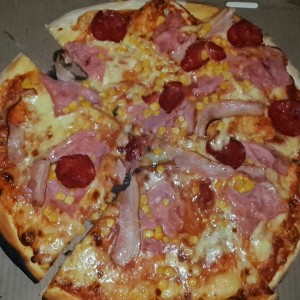 pizza especial (mozzarella, salsa napoli, maiz, jamon, tocineta y pepperoni)