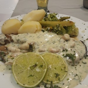 Rueda de Medregal en salsa verde con Camarones