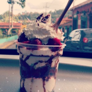 fresa con crema y sirup de chocolate 